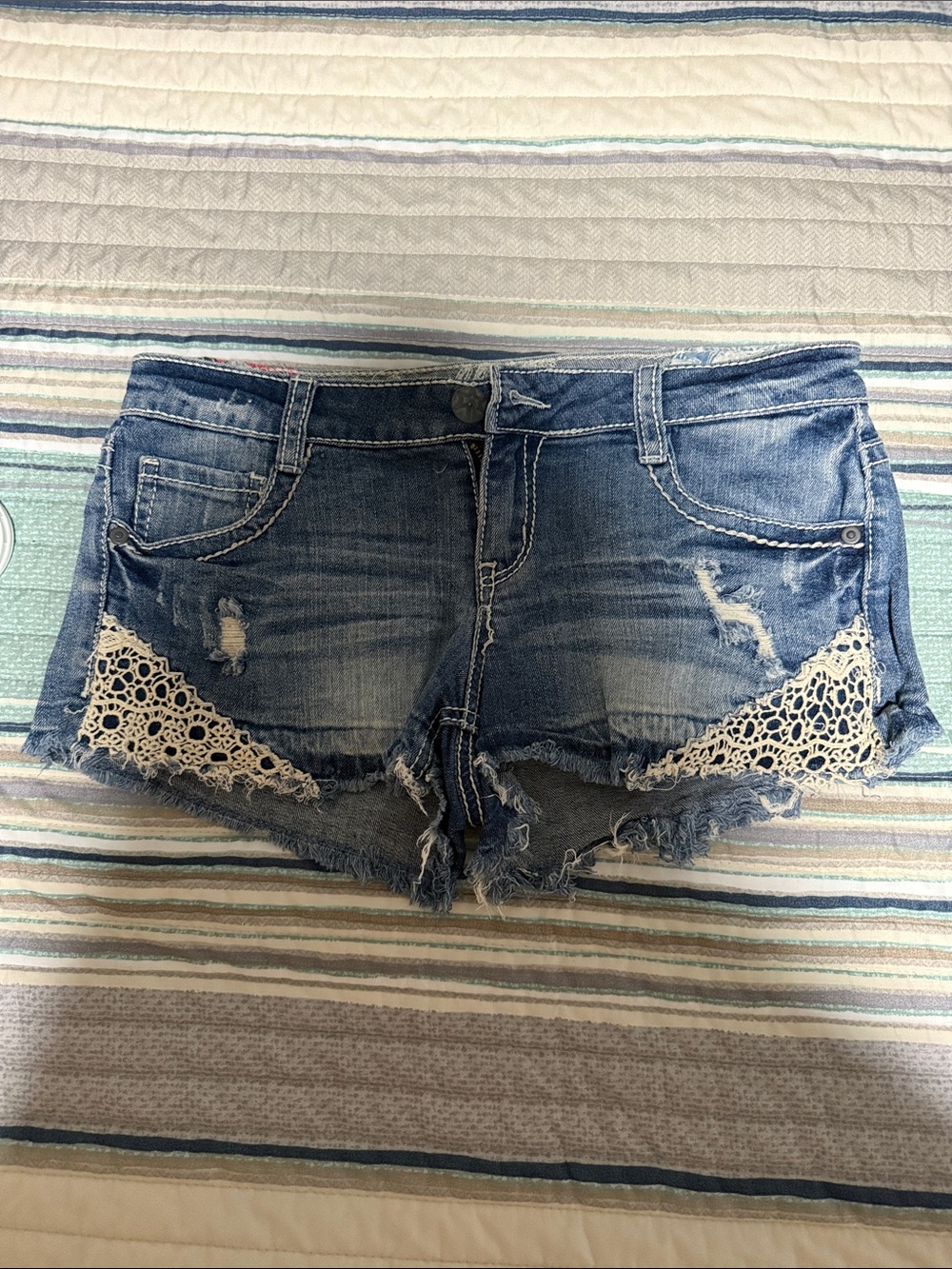 Vanilla Star Light Blue Distressed Denim Shorts with Crochet Trim